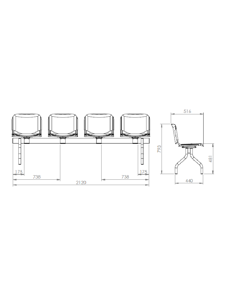 Banc 4 sièges pour salle d'attente