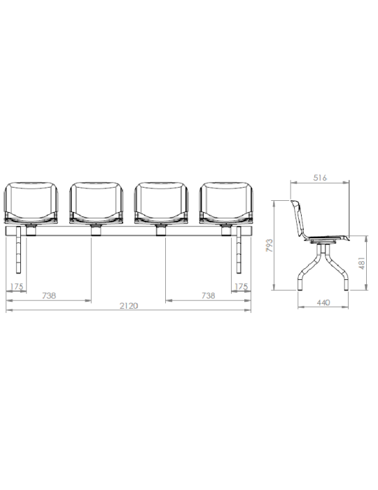 Banc 4 sièges pour salle d'attente