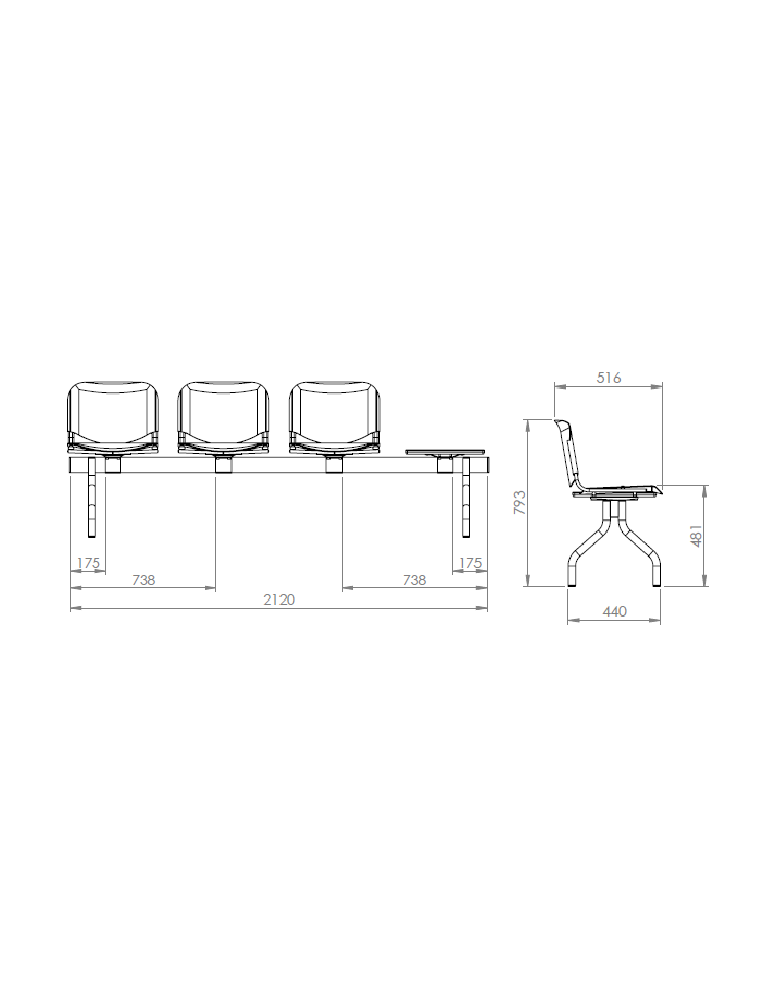 Banc 3 sièges + table pour salle d'attente