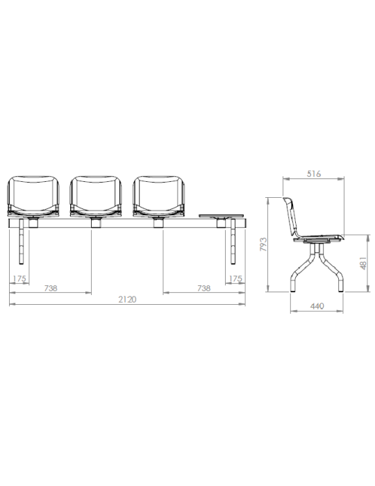 Banc 3 sièges + table pour salle d'attente
